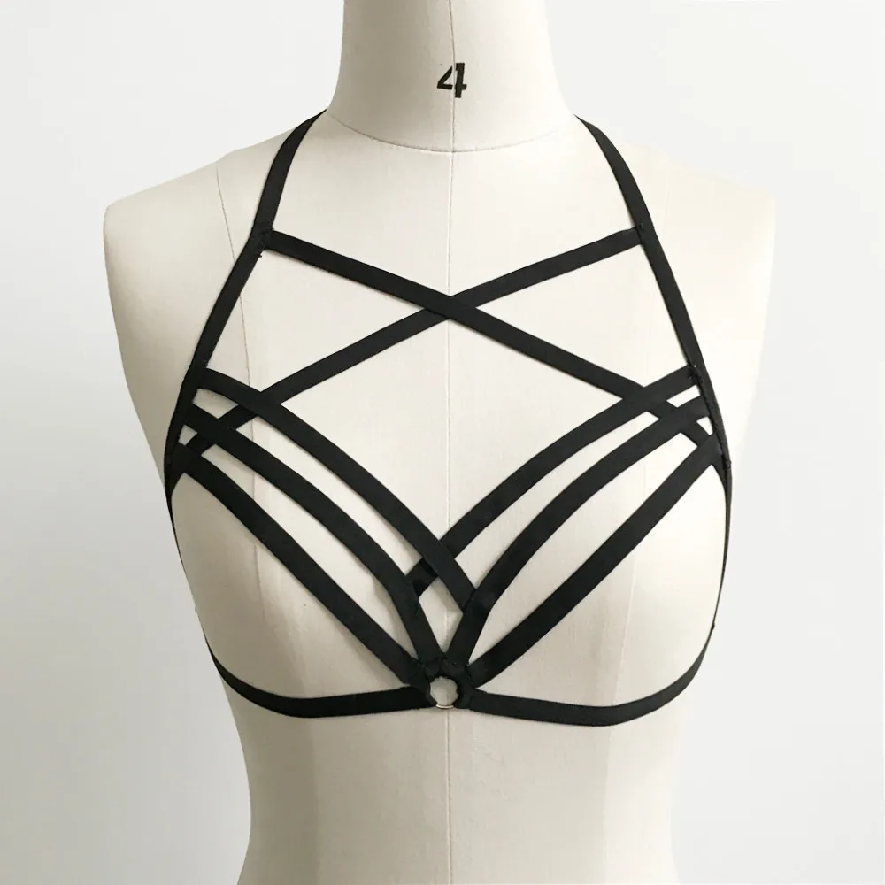 Sexy Women Hollow Out Elastic Cage Bra Bandage Strappy Halter Bra Bustier Top Hanging Neck erotic lingerie