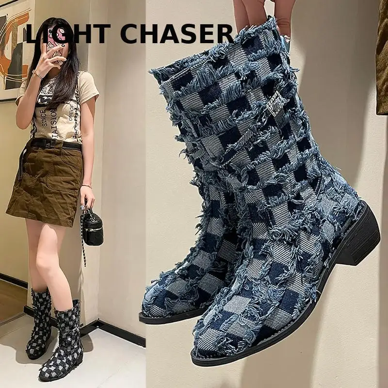 Womans Luxury Brand New Ladies Cowboy Boots Thick High Heels Women's Boots Party Sexy Block Heel Shoes Woman Platform Shoes