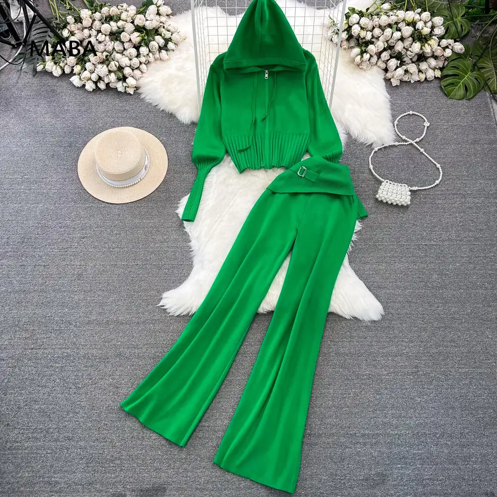 

High Quality Knitted Pants Set Women Autumn winter New Hooded Zipper Short Cardigan Coat+high Waist Wide Leg Pants Solid Outfits