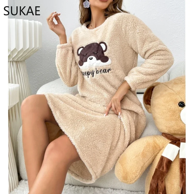 Fashion Cute Bear Winter Women Long Sleeves Thermal Nightgowns Flannel Long Sleepshirt Pullover Fluffy Nightwear Woman Homewear