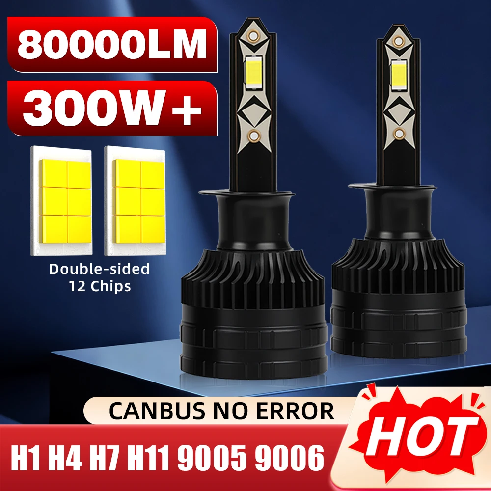 80000LM H1 캔버스 LED 헤드라이트 300W H4 H7 H11 9005 HB3 9006 HB4 자동차 전구 6000K 백색 CSP 칩 터보 자동차 램프 12V 24V