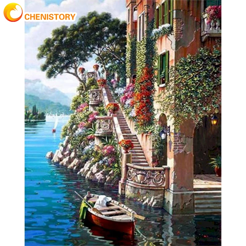 

CHENISTORY Oil Painting By Number Boat With Frame On Canvas Landscape Acrylic Paint For Adult Coloring By Number Drawing Picture