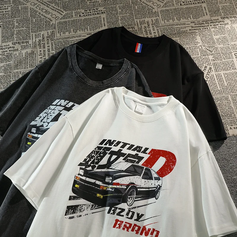 

Anime Initial American Vintage Short Sleeved Tshirt Male Loose Handsome Shirt Fashion Racing Drift Car Graphic Cotton Tee Couple