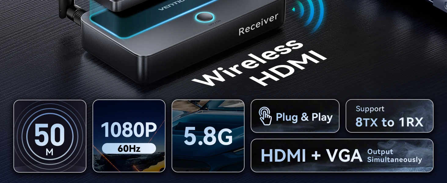 Wireless HDMI VGA Extender Kit 5G 50M Video Transmitter & Receiver 1080 60Hz Tra