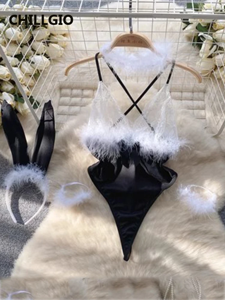 

Женское Кружевное боди CHILLGIO с бретельками, модное слитное облегающее комбинированное меховое трико, эротическое сексуальное боди с открытой спиной в виде кролика