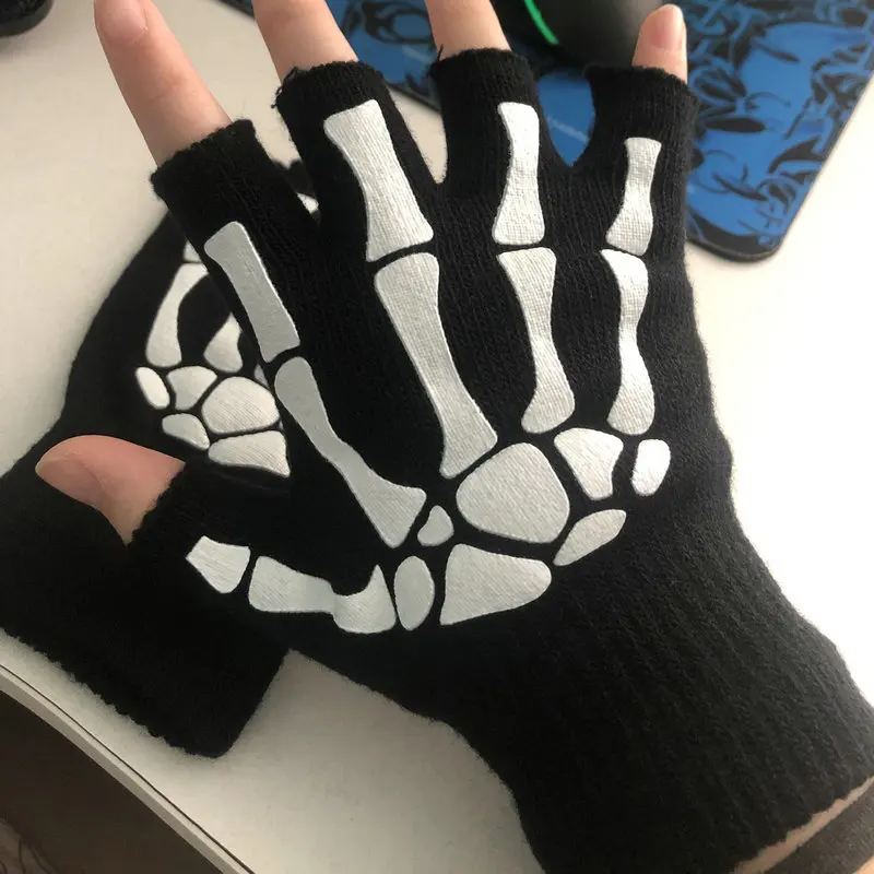 Unisex Halloween Skull Gloves Punk Luminous Glow in The Dark Skeleton Half Finger Glove Cosplay Non-slip Wrist Stretch Mittens half finger gloves,fingerless gloves