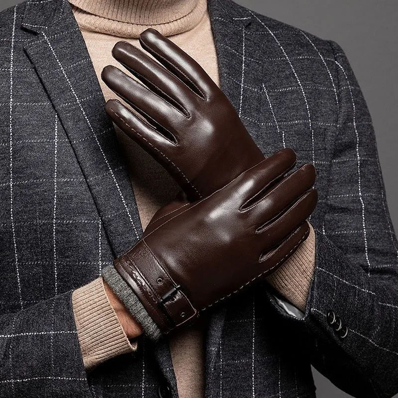 Genuine Leather Gloves For Men Male Sheepskin Touch Screen Winter Warm Windproof Mittens Driving Cycling Motorcycle