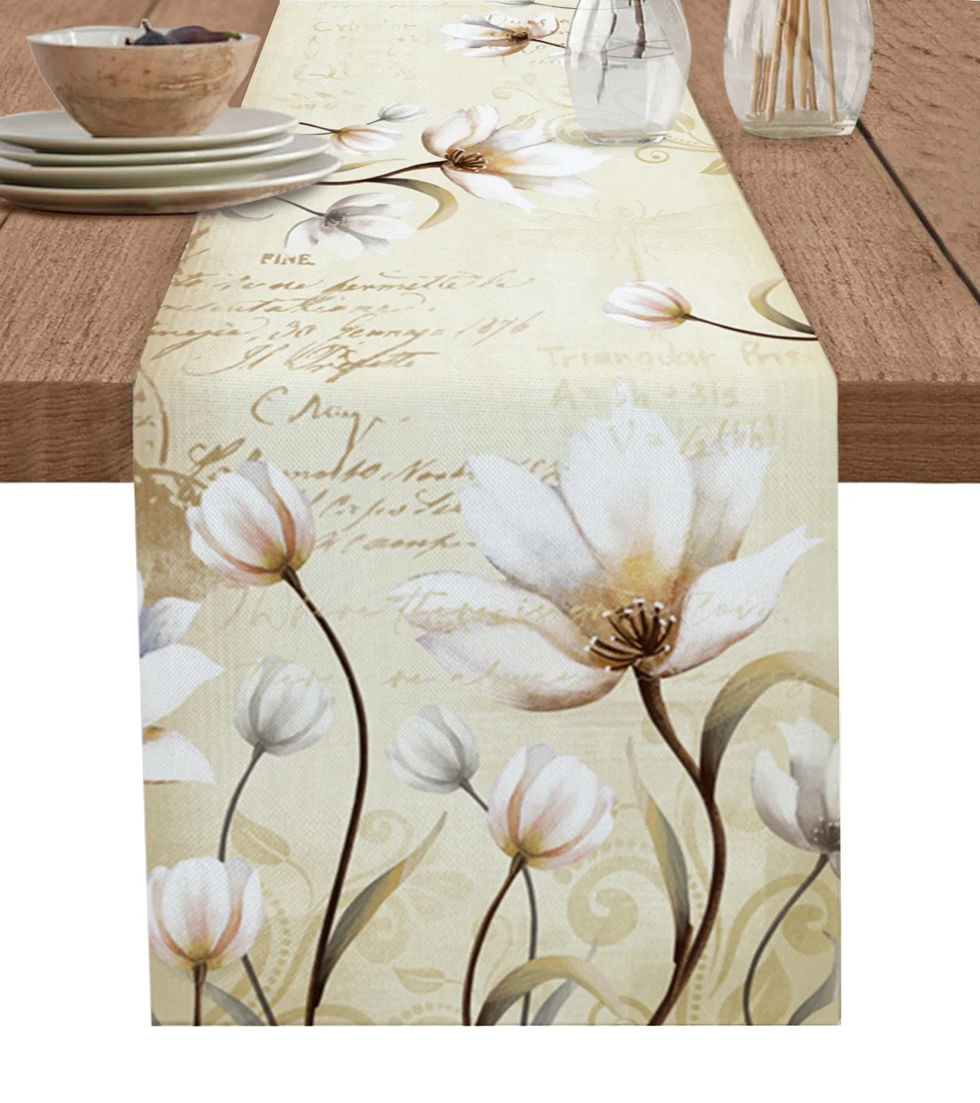 

Rustic Vintage Tulips Flowers Linen Table Runner Kitchen Table Decoration Farmhouse Dining Table Cloth Wedding Party Decor