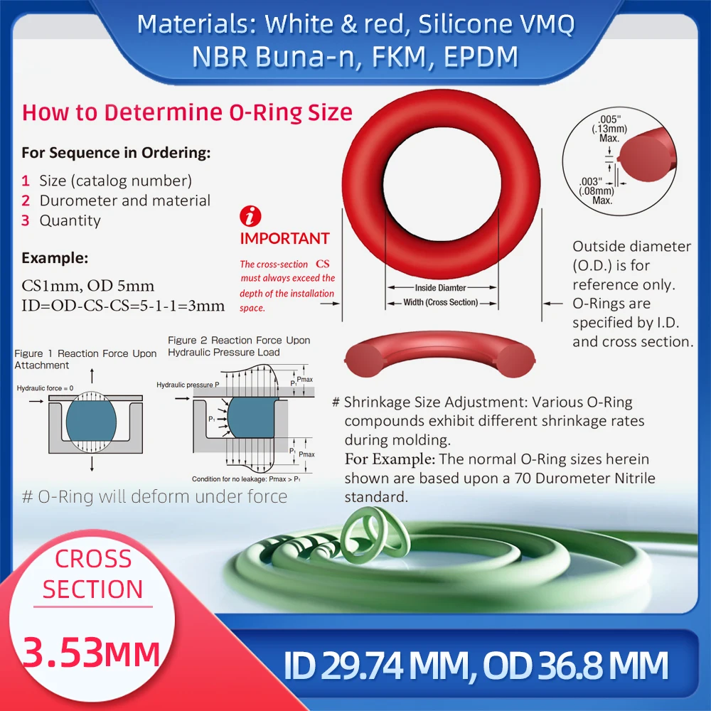 실리콘 VMQ NBR FKM EPDM O링 씰 개스킷 포함 O링 CS 3.53mm ID 29.74mm OD 36.8mm 소재