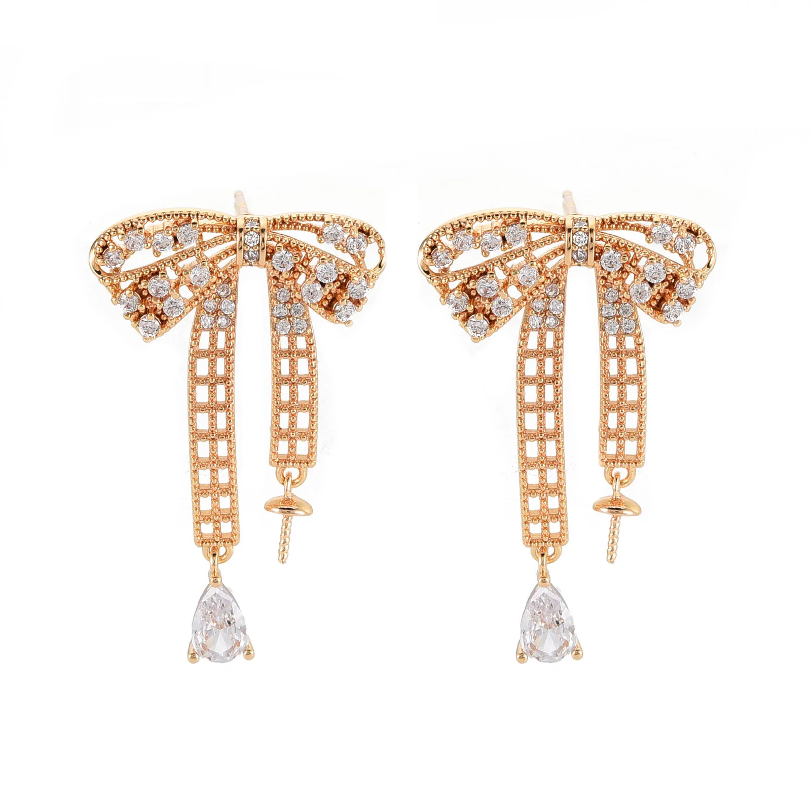 Kissitty 10Pcs Bowknot Shape Brass Micro Pave Clear Cubic Zirconia Stud Earring Findings Accessories Jewelry Findings Gift