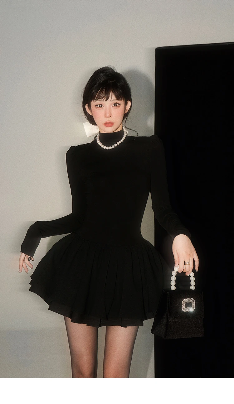 Elegant Solid Knitted Dress Women Long Sleeve Half High Collar A-line Mini Dresses Autumn Winter Birthday Party Vestidos Trend