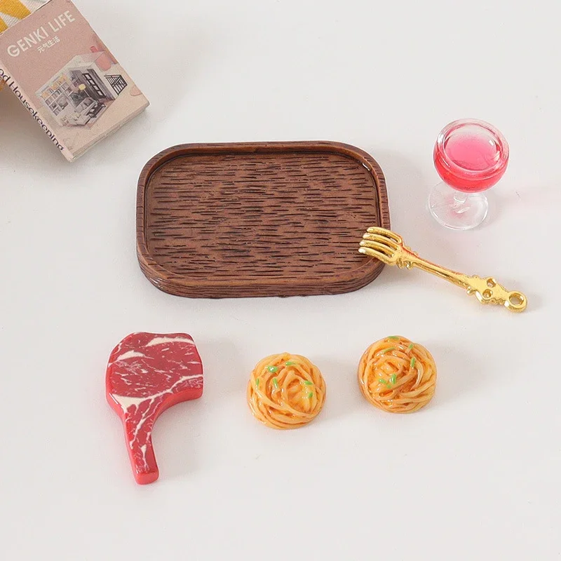 Charming Dollhouse Accessory - Simulated Dining Set with Steak, Pasta, and Red Wine Glass