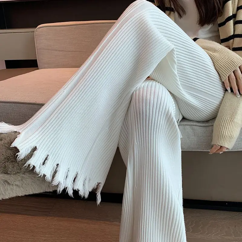 Spring Clothing for Women 2024 New High Waist Drooping Knitted Wide-Leg Pants Small Tassel Flared Trousers Wholesale