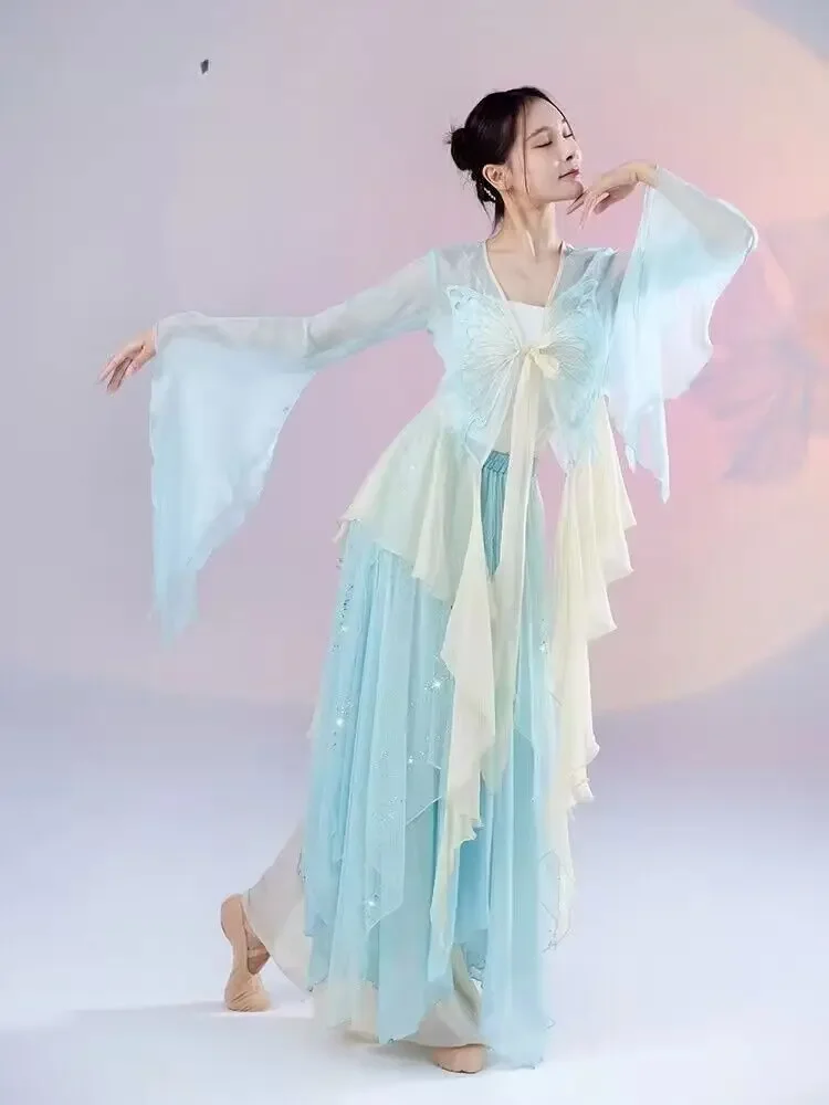 

Chinese style folk dance classical dancer performance costumes elegant cardigan practice clothes body rhyme long outer gauze