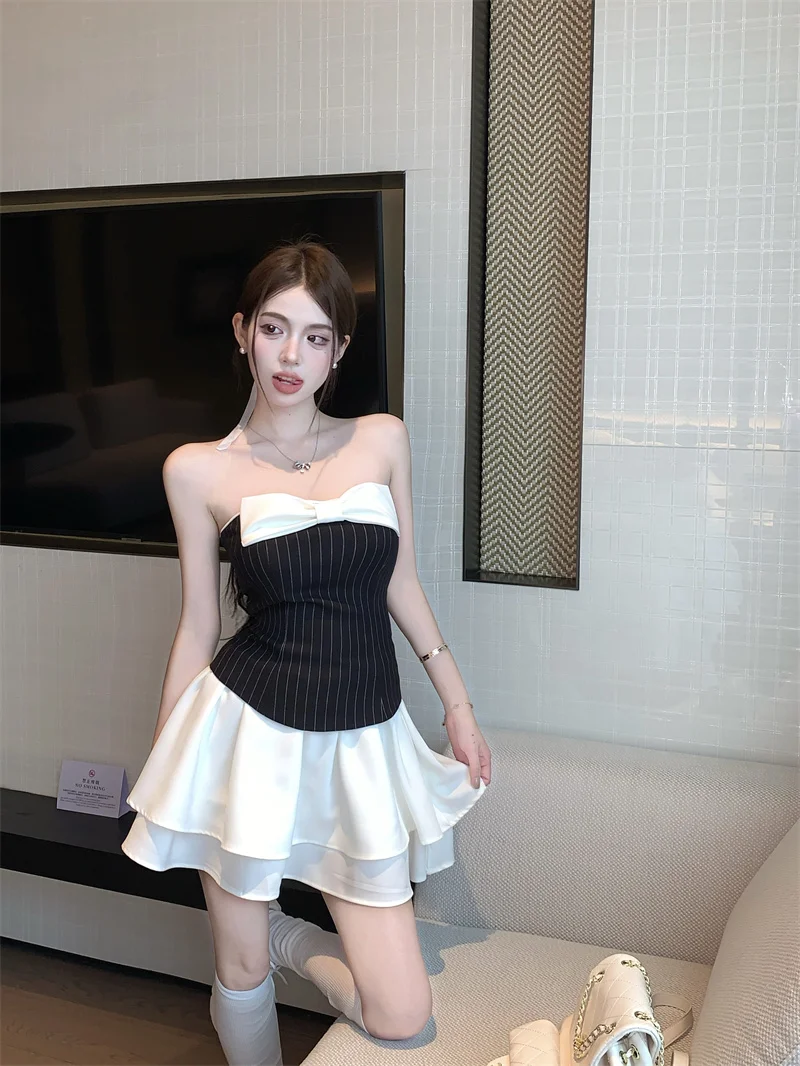 Sexy Striped Patchwork Short Dresses for Women Strapless Layered Ruffles A-line Bow Birthday Party Dress Korean Fashion Vestido