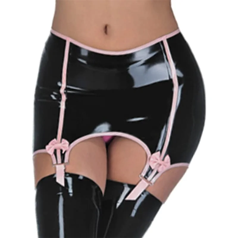 

Latex Garter Shorts Catsuit Gummi Rubber Stocking Suspender Black with Red Trim Back Button Customized 0.4mm