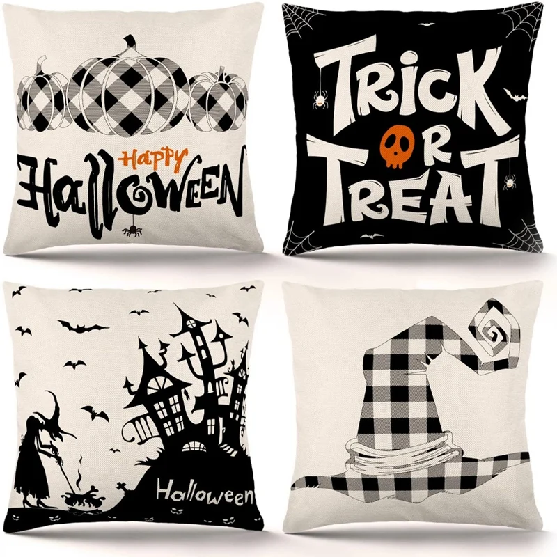 

HOT-Halloween Pillow Covers Buffalo Plaid Pillow Covers Holiday Rustic Linen Pillow Case For Sofa Couch