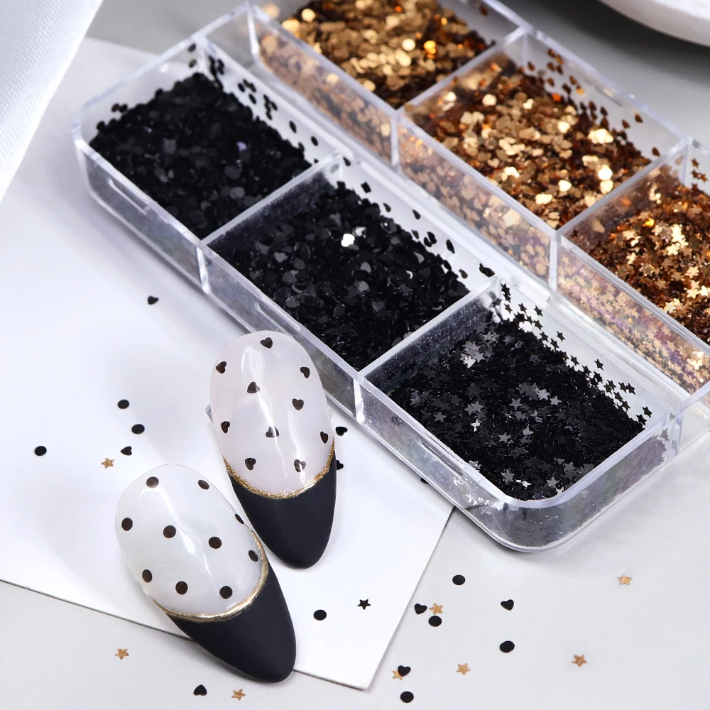 블랙 골드 폴카 도트 네일 아트 반짝이 장식 조각 빈티지 매니큐어 Paillettes 버블 별 하트 모양 손톱 장식 액세서리
