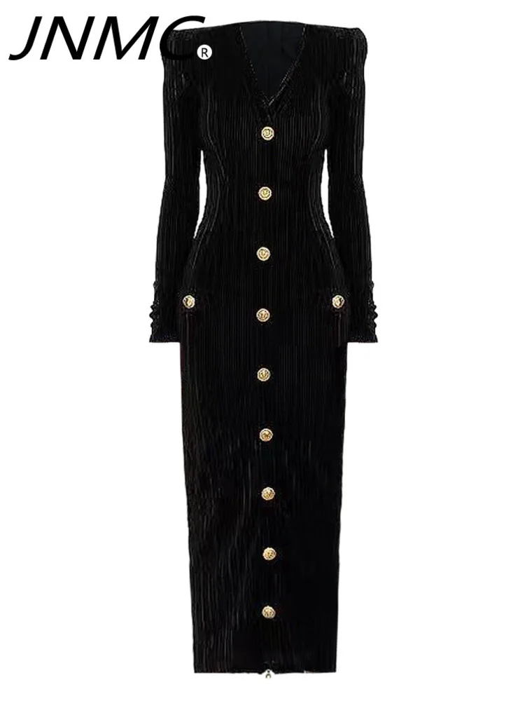 

JNMC Elegant And Fashionable Black Long Sleeved Slim Fit Long Zippered Single Breasted Dress For Women New Autumn Winter 2024