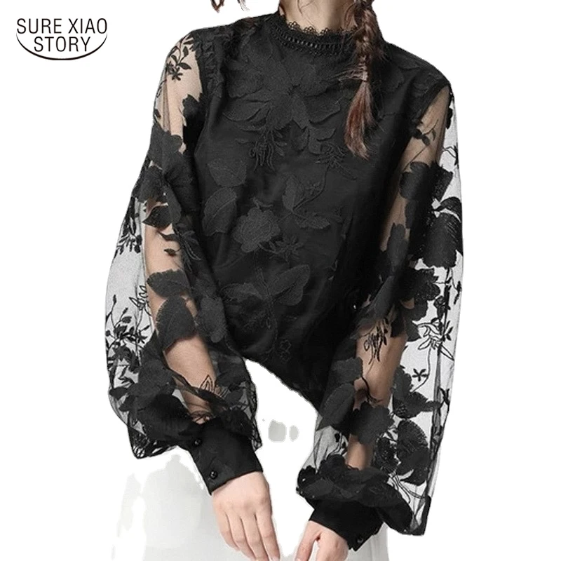 Женская блузка с воротником-стойкой, кружевная Свободная блузка с ...