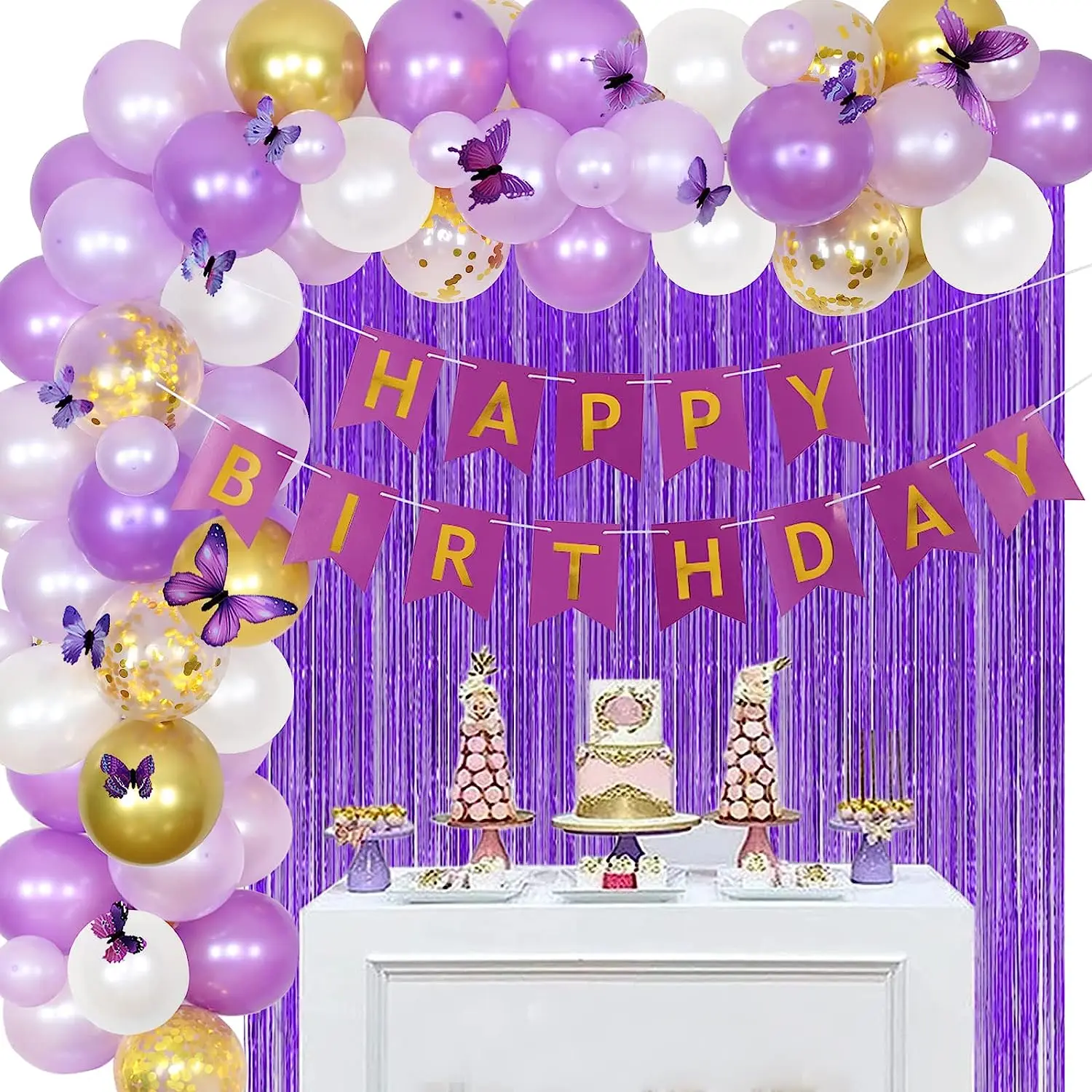 

Butterfly Birthday Decorations, Purple Balloon, Garland Kit with Fringe Curtain, Happy Birthday Banner, Butterfly Stickers