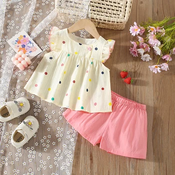 Summer Baby Girl Colored Polka Dot Small Flying Sleeve Top And Shorts Set Girl Beach Two-Piece Set 1
