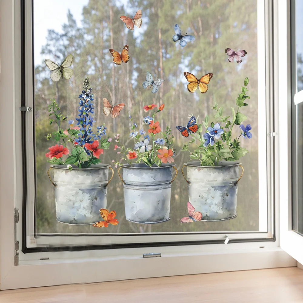 Window Stickers 1PCS Art Iron Bucket Flower Pot Butterfly Glass Doors Windows Home Beautify Uv Static Electricity