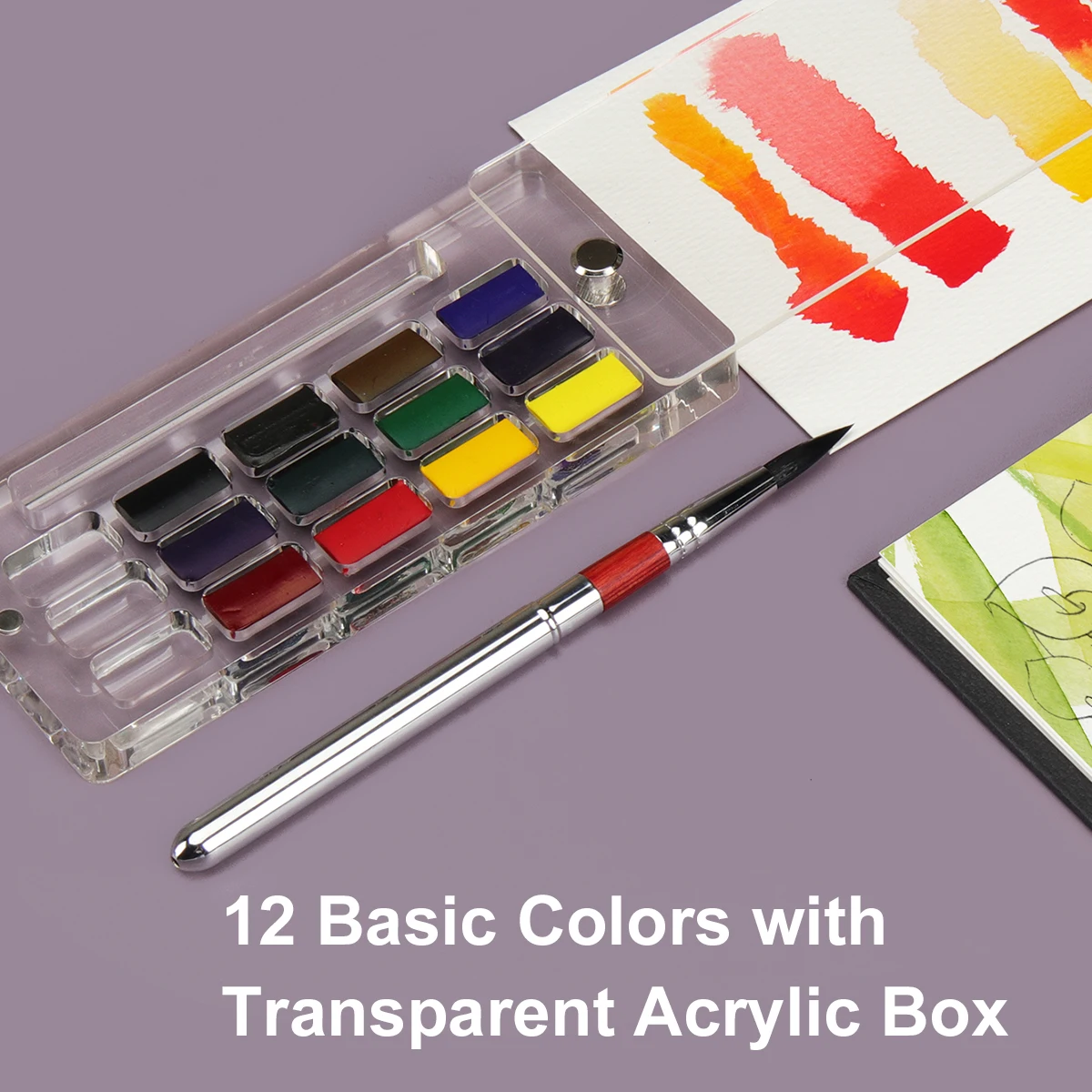 

SeamiArt 12 Basic Colors Travel Solid Watercolor Paint Set with Transparent Acrylic Box & Portable Painting Brush Art Supplies