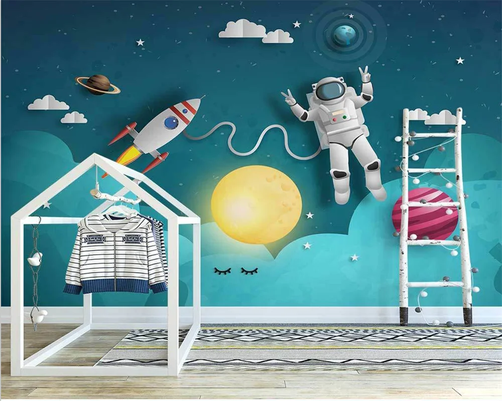 

beibehang Custom modern Nordic hand-painted papier peint space astronaut planet rocket children's room background wallpaper