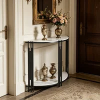 Console d'entrée demi-lune avec étagère ouverte, plateau en marbre blanc, structure en métal noir, table étroite pour entrée 1