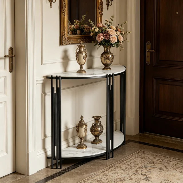 Console d'entrée demi-lune avec étagère ouverte, plateau en marbre blanc, structure en métal noir, table étroite pour entrée 1