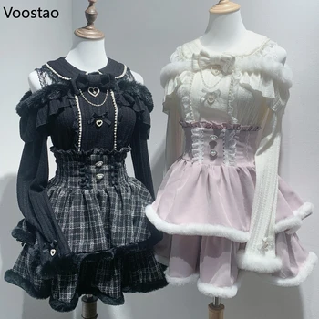 Japanese Style Gothic Y2k Lolita Skirt Set Women Sweet Fur Off Shoulder Bow Blouse Tops Plaid High Waist Skirt Theme Party Suits 1