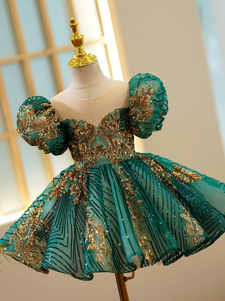 Kids Luxury Party Green Gold Dresses for Girls Size To 14 Years