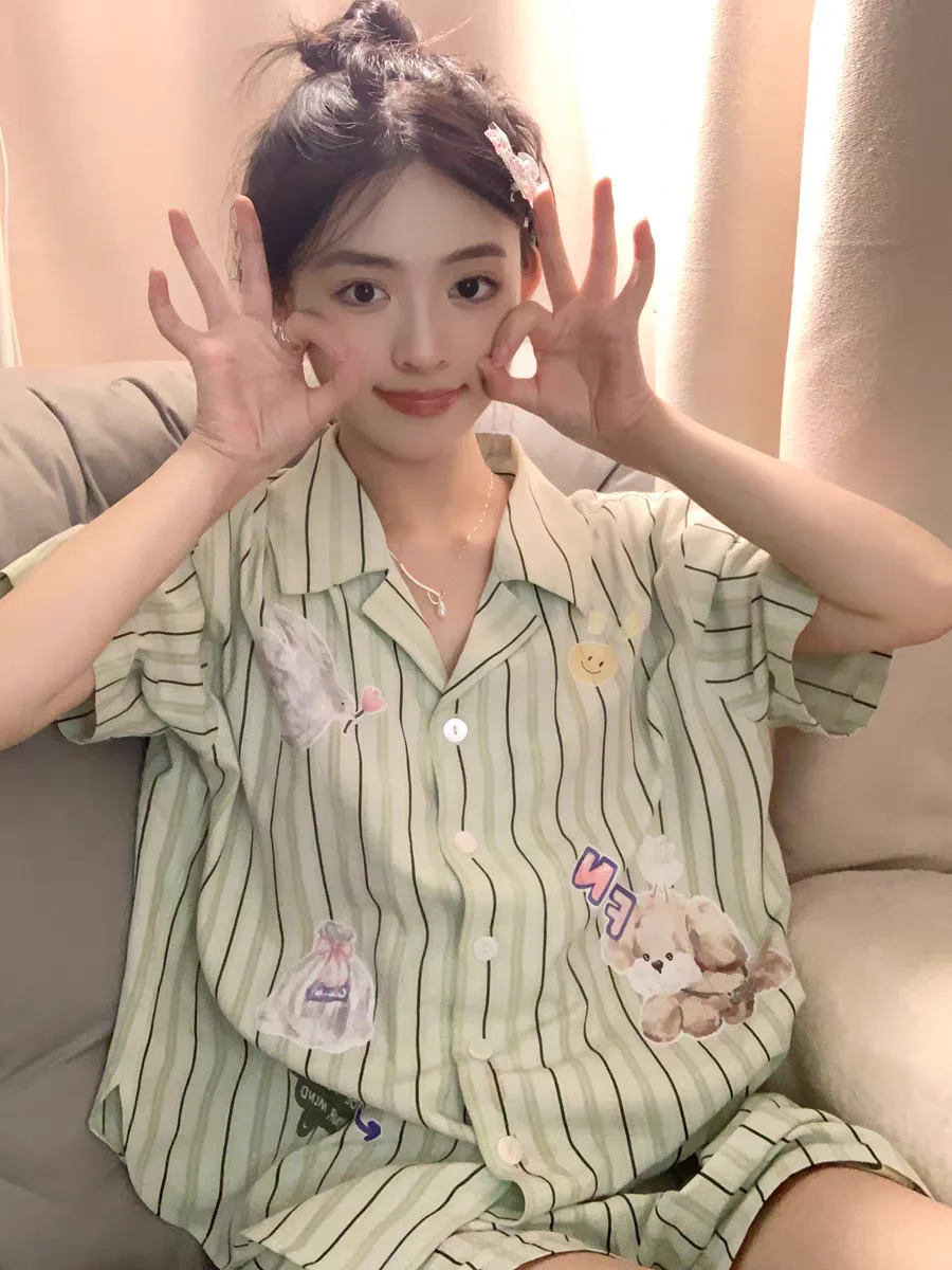 

Женская пижама Корейская Милая летняя ночная женская пижама с мультяшным принтом модная свободная Пижама с коротким рукавом для женщин пижамы