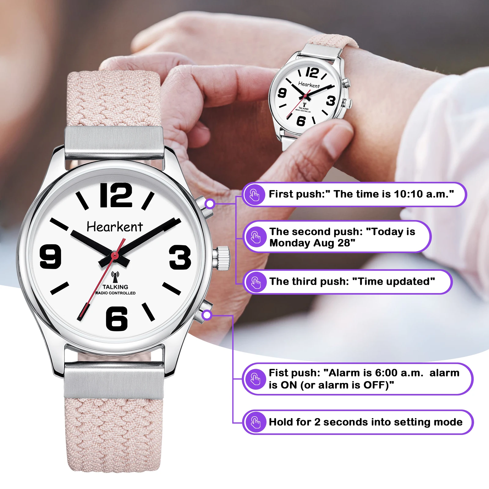 Hearkent English Talking Watch Fashion Nylon Strap Women Quartz Watch with  Alarm Clock Hourly Chime Voice Blind Wrist Watches 2