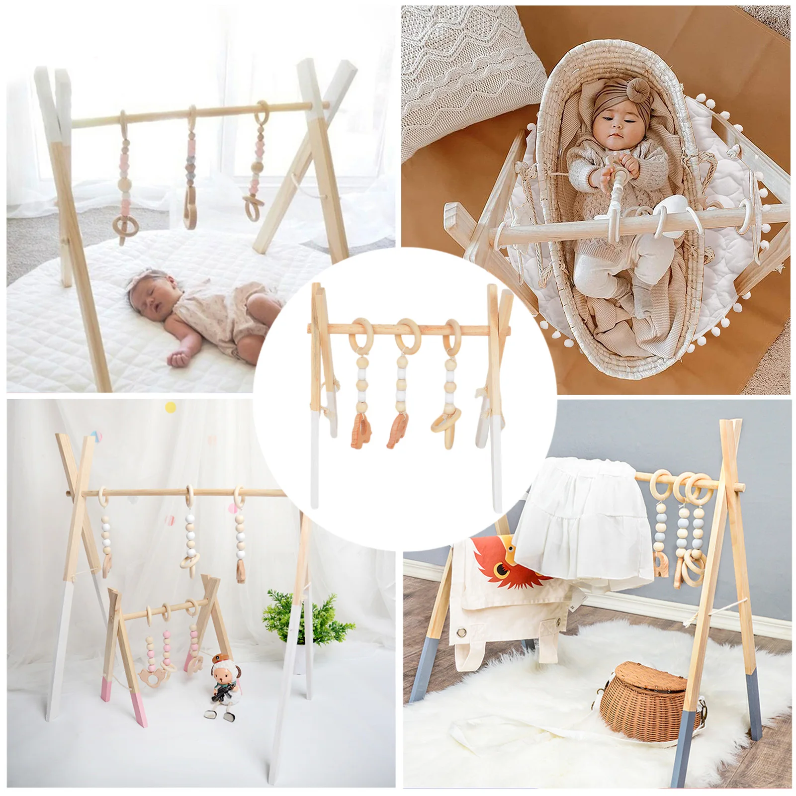 Wooden Baby Gym Wooden Gym Frame Hanging Toys for Infant Foldable Wood