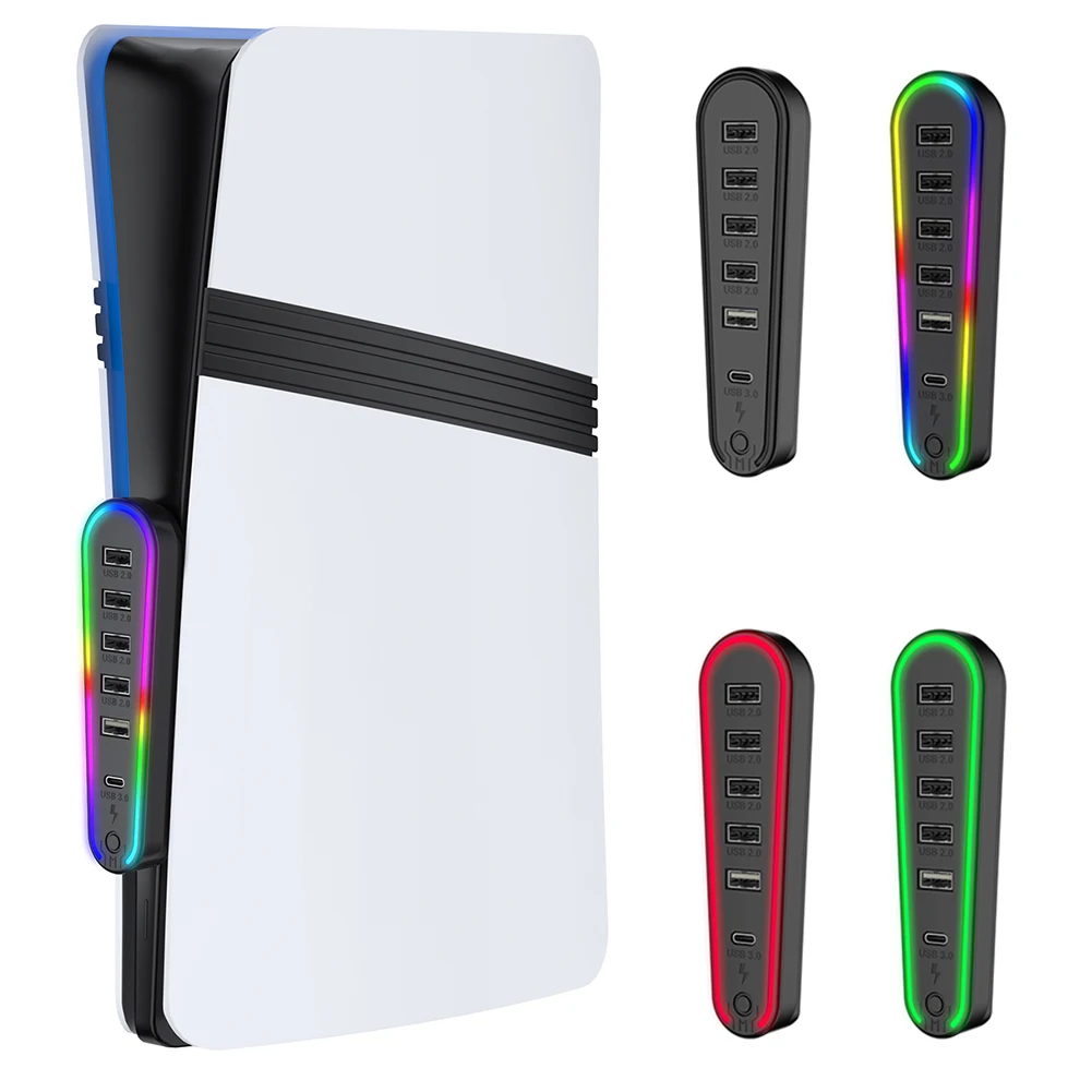 6 Ports USB Hub Charger Adapter for PlayStation 5 Pro/Slim Gaming Accessories with RGB Light USB Extender Data Transfer Extender