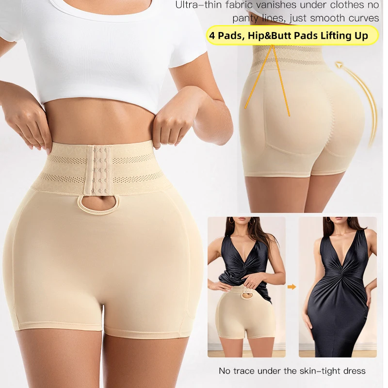Women's Padded Butt Lifter Body Shaper With 4 Sponge Pads Tummy Control Shapewear Panties With Waist Cincher And Hook Closure_voghion.com