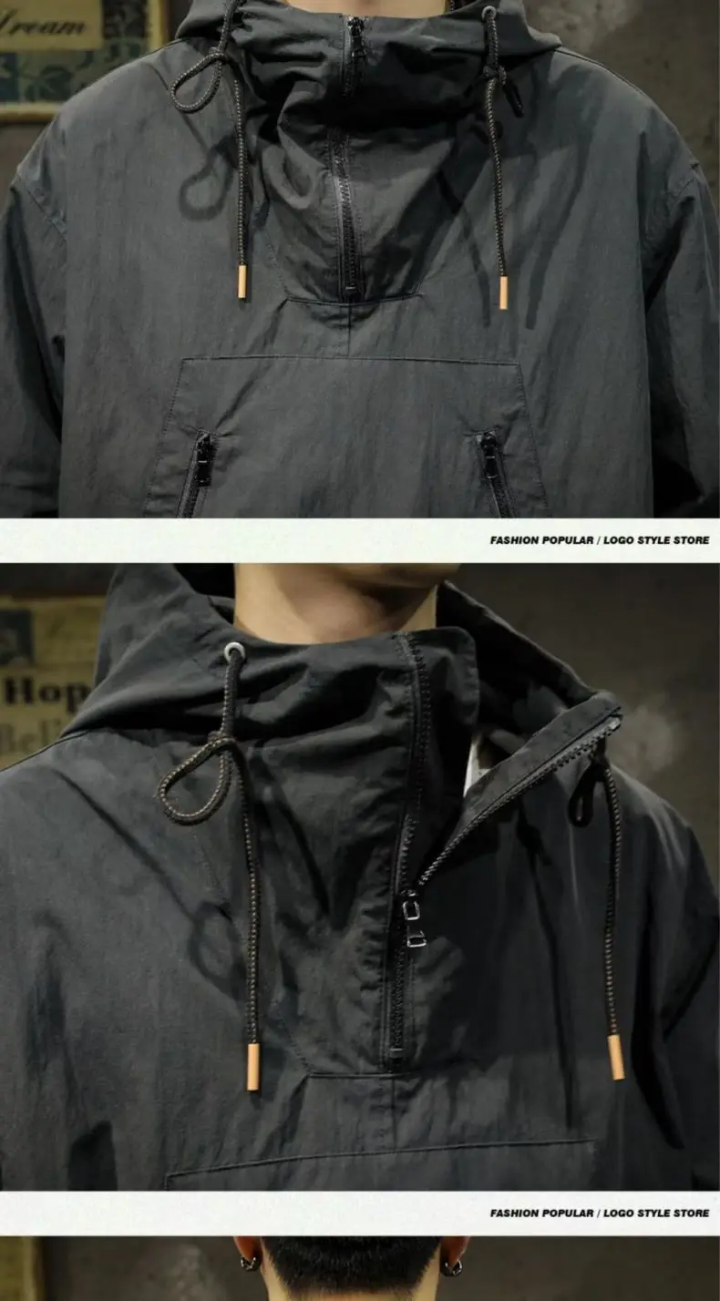 Big Size Zip-up Hoodie Men Jacket Sweatshirt Military Windbreaker Harajuku Hooded Pullover Vintage Long Sleeve Pockets Tops New