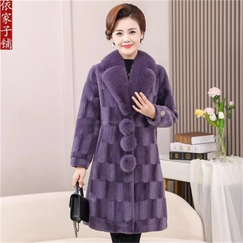 

Mom's Winter Outfit Mink Fur Coat For Middle-Aged And Elderly Women With Large Fur Collar Noble Fur One Piece Grandma's OutCoat