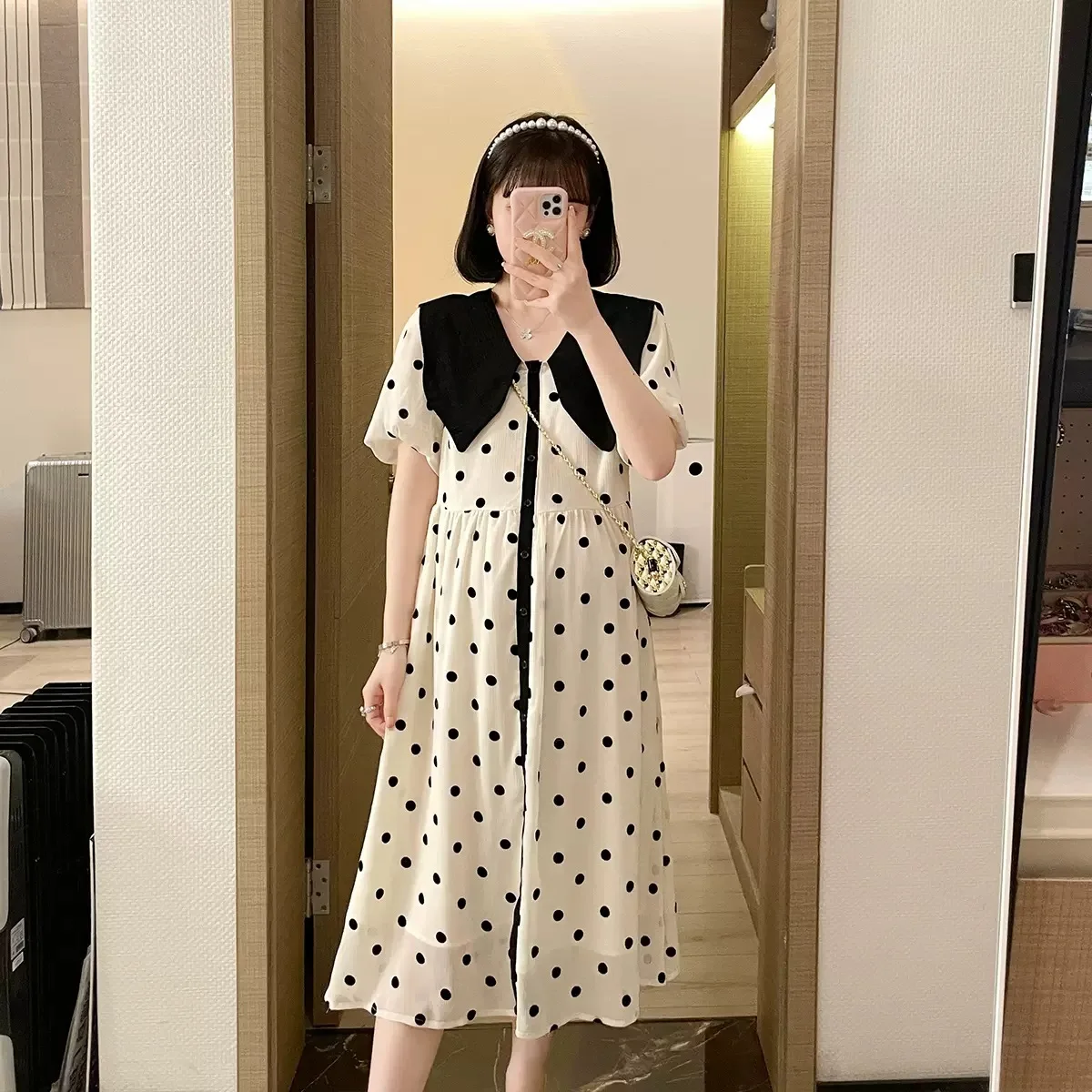 

Pregnant Dresses Women's Summer New Elegant Doll Neck Polka Dot Chiffon Dress Long Summer Fashion Short Sleeve Maternity Clothes