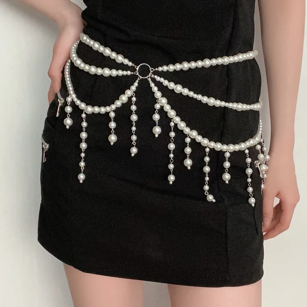 Allgleiches mehrschichtige Perlen-Taillenkette Y2K eleganter dünner Taillenkettengürtel Boho Quaste Körperschmuck Kleidungszubehör