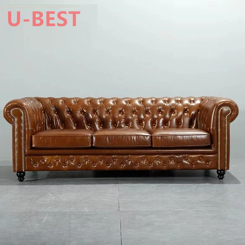 U-BEST Europe Classic Vintage 3 Seat Living Room Couch Leather Sofa Luxury Chesterfield Sofa Sectional Cama 2 Plazas