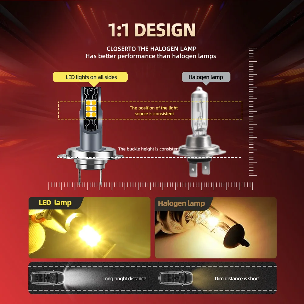 2X 캔버스 무오류 100W 고출력 H7 LED 자동차 안개등 전구 3000K 웜옐로우 라이트 플러그 앤 플레이 아우디 A6 2006 2007 2008용