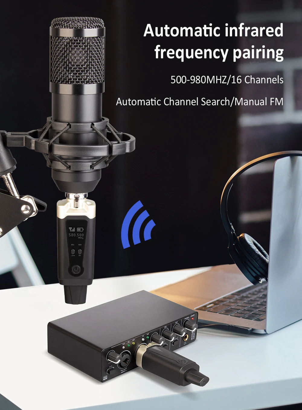 Wireless Microphone System XLR Mic Converter Transmitter and Receiver UHF Automa