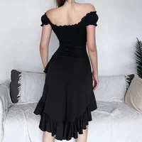 Summer Black A-LINE Dress Women Streetwear Sexy Off Shoulder Short Sleeves Ruffled Mid Length Dresses Club Elegant Partywear - Image 4