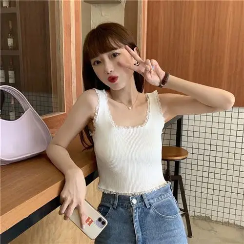 여름 신상 하이웨이스트 슬림핏 민소매 베스트 여성 베이스 레이어 탱크탑 레트로 패치워크 섹시 레이스 트림 숏 스타일 탑