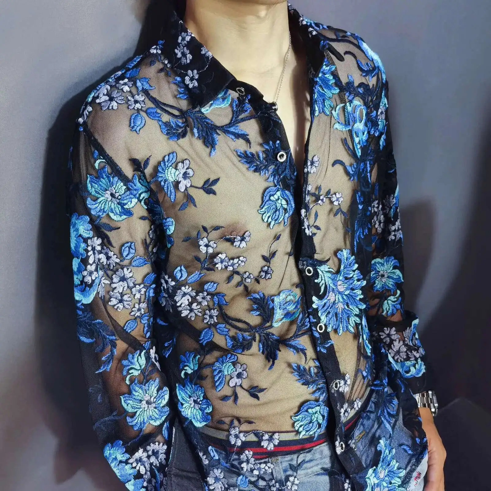 Chemise Homme Sexy See Through Mesh Shirt Men 4xl Luxury Transparent Shirt Men Embroidery Lace Club Party Long Sleeve Shirts