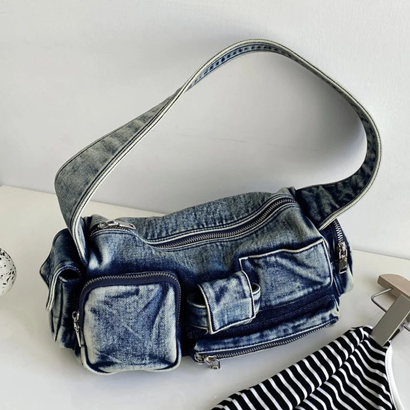 

Denim Y2k Underarm Bags For Women Luxury Designer Handbags Purses 2023 New In Fashion Moto & Biker Multiple Pockets Shoulder