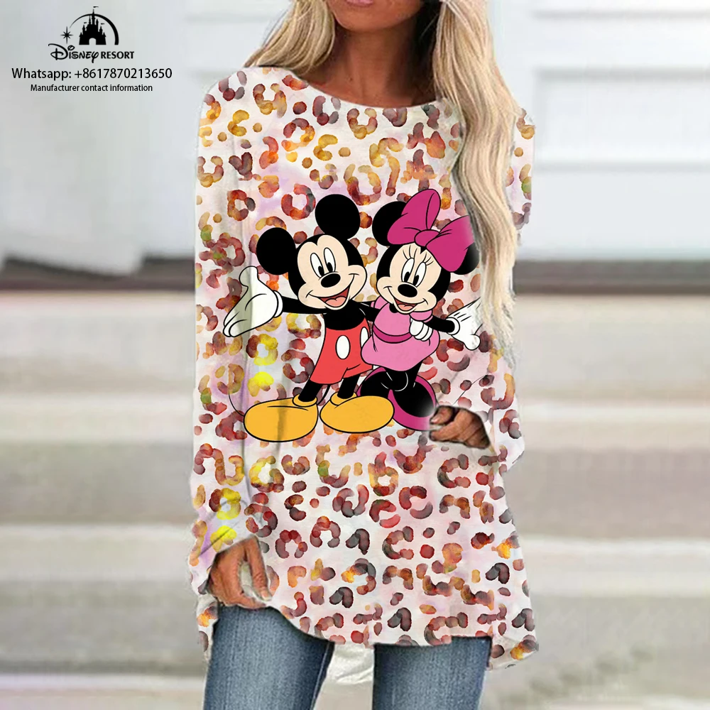 

2022 Autumn Women's Long Dress Disney Minnie Mickey Leopard Print T-Shirt Fashion Women's Loose Pullover Leopard Print Dress